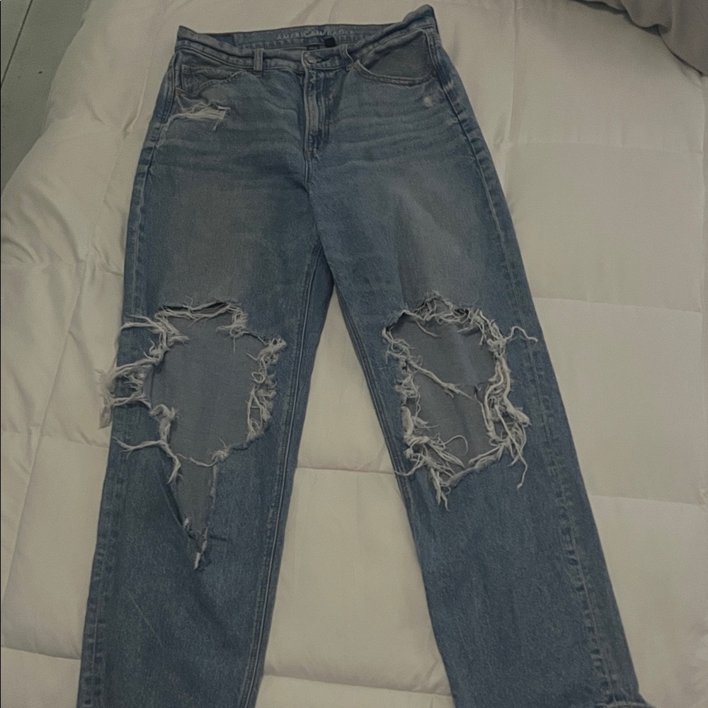American Eagle Super-Distressed Blue Jeans. 10/R. High Rise Baggy Straight.